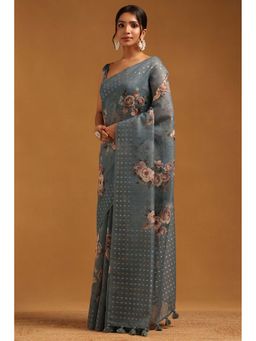 Soch - Womens Blue Linen Saree With Unstitched Blouse