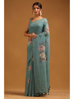 Soch - Womens Blue Linen Saree With Unstitched Blouse