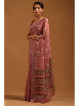 Soch - Womens Onion Pink Linen Saree With Unstitched Blouse