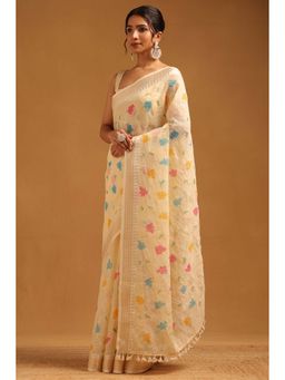 Soch - Womens Yellow Linen Saree With Unstitched Blouse