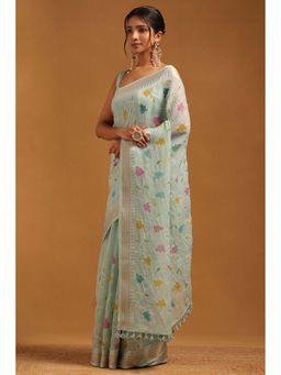 Soch - Womens Powder Blue Linen Saree With Unstitched Blouse
