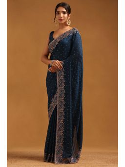 Soch - Womens Blue Tusshar Saree With Unstitched Blouse