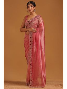 Soch - Womens Blush Pink Tissue Saree With Unstitched Blouse