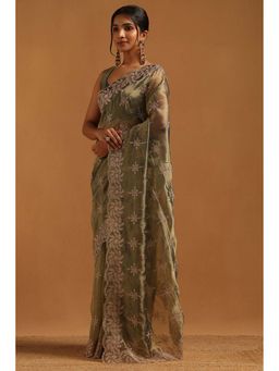 Soch - Womens Sap Green Tissue Saree With Unstitched Blouse