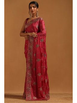 Soch - Womens Onion Pink Fendy Chiffon Saree With Unstitched Blouse