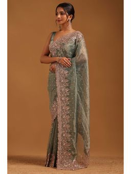 Soch - Womens Turquoise Tissue Saree With Unstitched Blouse
