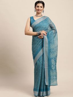 Odette - Womens Cotton Blend Blue Printed Saree with Unstitched Blouse