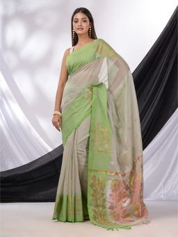 CHARUKRITI - Grey Cotton Blend Handwoven Saree with Foliage Border & Unstitched Blouse