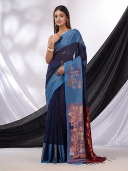 CHARUKRITI - Navy Blue Cotton Blend Handwoven Saree with Foliage Border & Unstitched Blouse