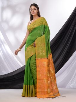CHARUKRITI - Green Cotton Blend Handwoven Saree with Foliage Border & Unstitched Blouse