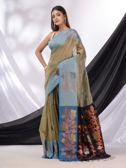 CHARUKRITI - Ecru Cotton Blend Handwoven Saree with Foliage Border & Unstitched Blouse