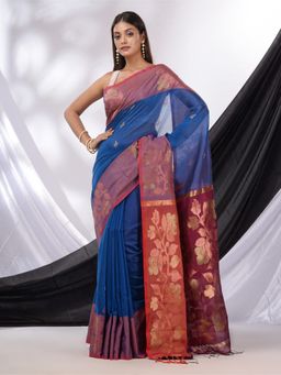 CHARUKRITI - Sapphire Blue Cotton Blend Handwoven Saree with Woven Design & Unstitched Blouse