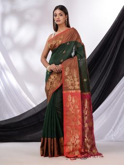 CHARUKRITI - Emerald Green Cotton Blend Handwoven Saree with Foliage Border & Unstitched Blouse