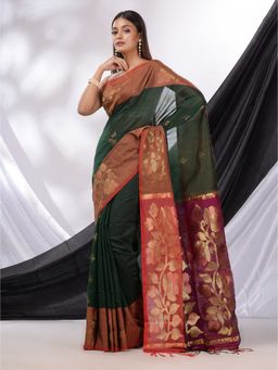 CHARUKRITI - Emerald Green Cotton Blend Handwoven Saree with Foliage Border & Unstitched Blouse