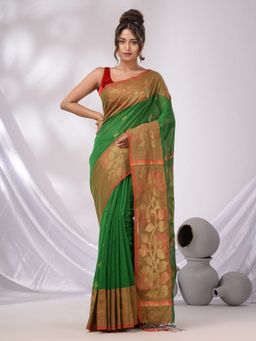 CHARUKRITI - Green Cotton Blend Handwoven Saree with Foliage Border & Unstitched Blouse