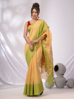 CHARUKRITI - Beige Cotton Blend Handwoven Saree with Foliage Pallu Designs & Unstitched Blouse