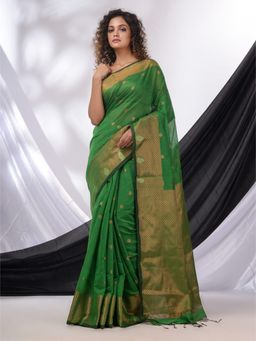 CHARUKRITI - Green Cotton Blend Handwoven Saree with Texture Border & Unstitched Blouse