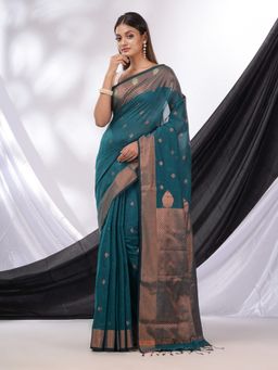 CHARUKRITI - Teal Green Cotton Blend Handwoven Saree with Texture Border & Unstitched Blouse