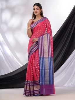 CHARUKRITI - Hot Pink Cotton Blend Handwoven Saree with Texture Designs & Unstitched Blouse