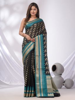 CHARUKRITI - Black Cotton Blend Handwoven Saree with Texture Designs & Unstitched Blouse