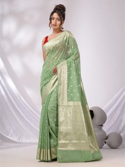 CHARUKRITI - Pistachio Green Cotton Blend Handwoven Saree with Woven Zari Border & Unstitched Blouse