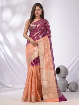 CHARUKRITI - Peach & Wine Georgette Handwoven Saree with Floral Nakshi Designs & Unstitched Blouse