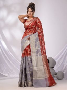 CHARUKRITI - Red And Grey Georgette Handwoven Saree with Floral Nakshi Designs & Unstitched Blouse