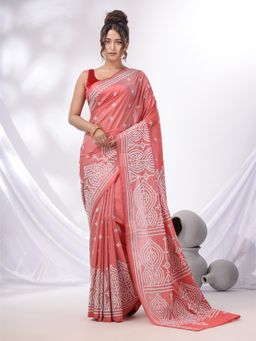 CHARUKRITI - Peach Blended Silk Kantha Stitch Handwoven Saree with Gujrati Work with Unstitched Blouse
