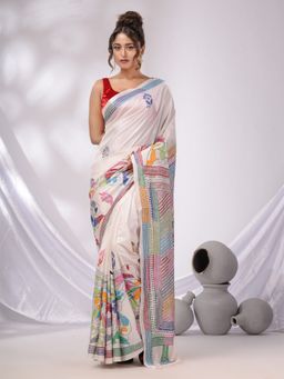 CHARUKRITI - White Blended Silk Kantha Stitch Handwoven Saree with Unstitched Blouse