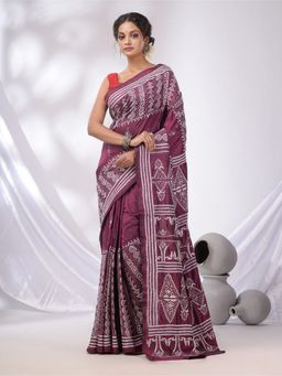 CHARUKRITI - Wine Blended Silk Kantha Stitch Handwoven Saree with Unstitched Blouse