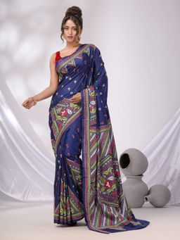 CHARUKRITI - Navy Blue Blended Silk Kantha Stitch Handwoven Saree with Unstitched Blouse