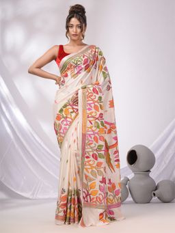 CHARUKRITI - Off White Blended Silk Kantha Stitch Handwoven Saree with Unstitched Blouse