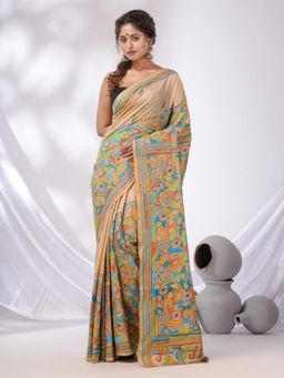 CHARUKRITI - Beige Blended Silk Nakshi Kantha Stitch Handwoven Saree with Unstitched Blouse