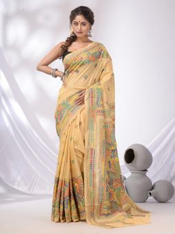 CHARUKRITI - Beige Blended Silk Nakshi Kantha Stitch Handwoven Saree with Unstitched Blouse
