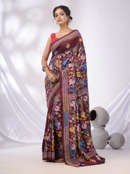 CHARUKRITI - Wine Bangalore Silk Kantha Stitch Handwoven Saree with Unstitched Blouse