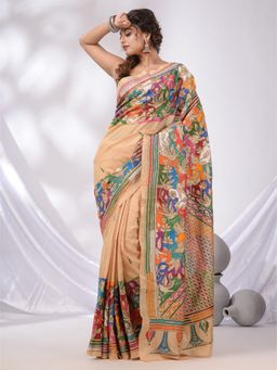CHARUKRITI - Beige Bangalore Silk Kantha Stitch Handwoven Saree with Unstitched Blouse