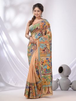 CHARUKRITI - Beige Bangalore Silk Kantha Stitch Handwoven Saree with Unstitched Blouse