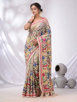 CHARUKRITI - Beige Bangalore Silk Nakshi Kantha Stitch Handwoven Saree with Unstitched Blouse