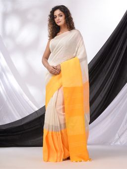 CHARUKRITI - Off White And Mustard Linen Handwoven Saree Zari Border with Unstitched Blouse