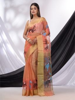 CHARUKRITI - Peach Muslin Tissue Handwoven Saree with Zari Border & Unstitched Blouse