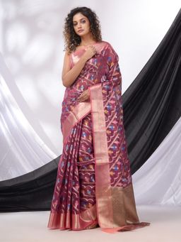 CHARUKRITI - Wine Organza Handwoven Saree with Zari Border & Unstitched Blouse