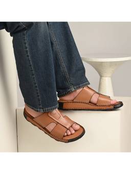 Valentino - Tan West Port Men Premium Leather Casual Sandals with Comfort Footbed