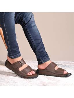Valentino - Brown West Port Men Premium Leather Casual Sandals with Comfort Footbed