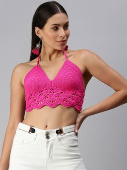 Magic Needles - Cotton Halter Neck Bralette Crop Top - Pink