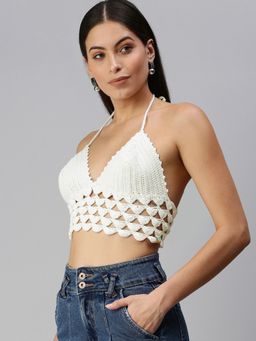 Magic Needles - Cotton Halter Neck Bralette Crop Top - White