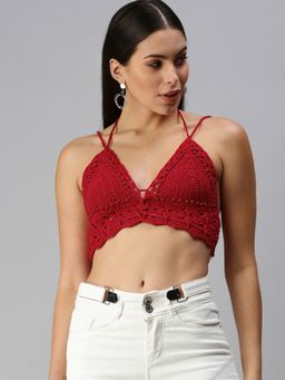 Magic Needles - Cotton Halter Neck Bralette Crop Top - Red