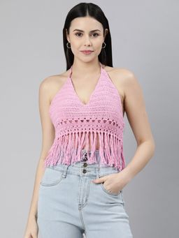 Magic Needles - Cotton Bralette Tie Back Crop Top - Pink