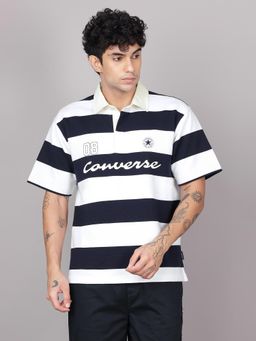 Converse - Men's Black & White Boxy Striped Polo Collar T-shirt