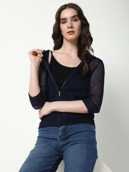 SHOWOFFFF - Basic Women's Navy Blue Solid Hooded Jacket