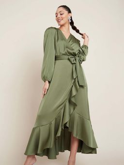 Styli - Green Long Sleeves V Neck Wrap Midi Dress With Ruffle Detail